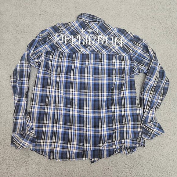 Affliction Black Premium Mens XL Blue Embroidered Button Up Biker Spell Out - Picture 1 of 11